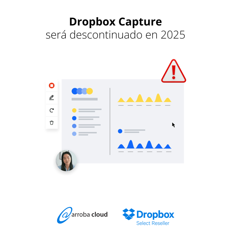 Notificación sobre la discontinuación de Dropbox Capture en 2025, con interfaz de grabación de pantalla y gráfico de datos. Icono de alerta roja en la esquina. Logotipos de Arroba Cloud y Dropbox en la parte inferior.