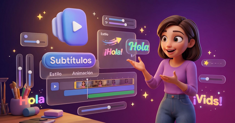 Personaje animado editando subtítulos de un video mediante un panel digital con ajustes de tipografía, posición y animación.