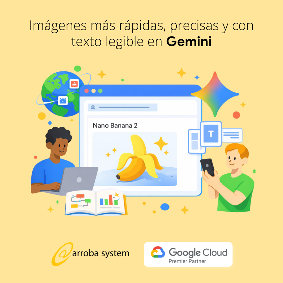 Dos personas crean y revisan imágenes digitales con texto legible en interfaz mientras usan portátil y móvil en entorno creativo colorido