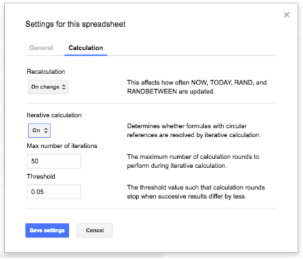 Nueva configuración de cálculo iterativo en Google Sheets