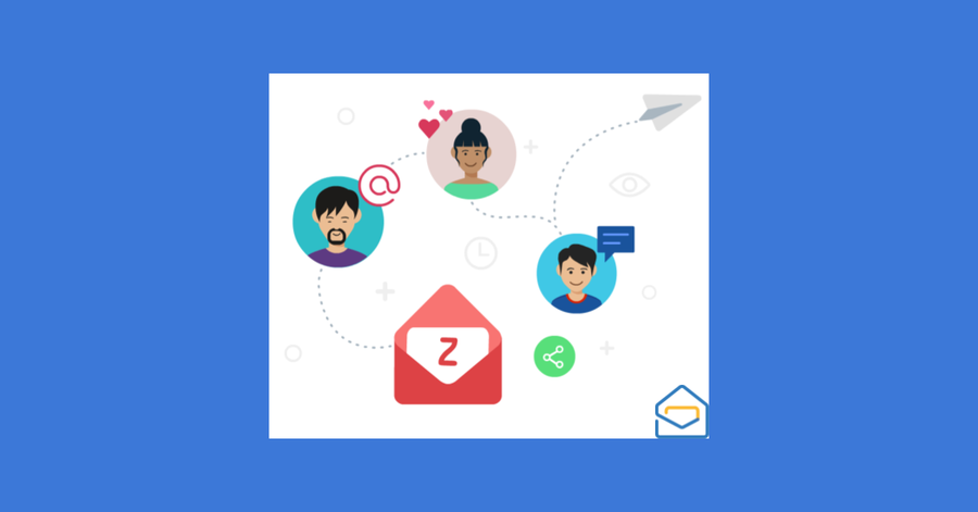 Ilustración de colaboración en equipo mediante correo electrónico, con avatares conectados por líneas, íconos de compartir y comunicación.