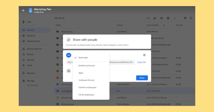 La función de usuarios objetivo para limitar el uso compartido en Google Drive con grupos específicos