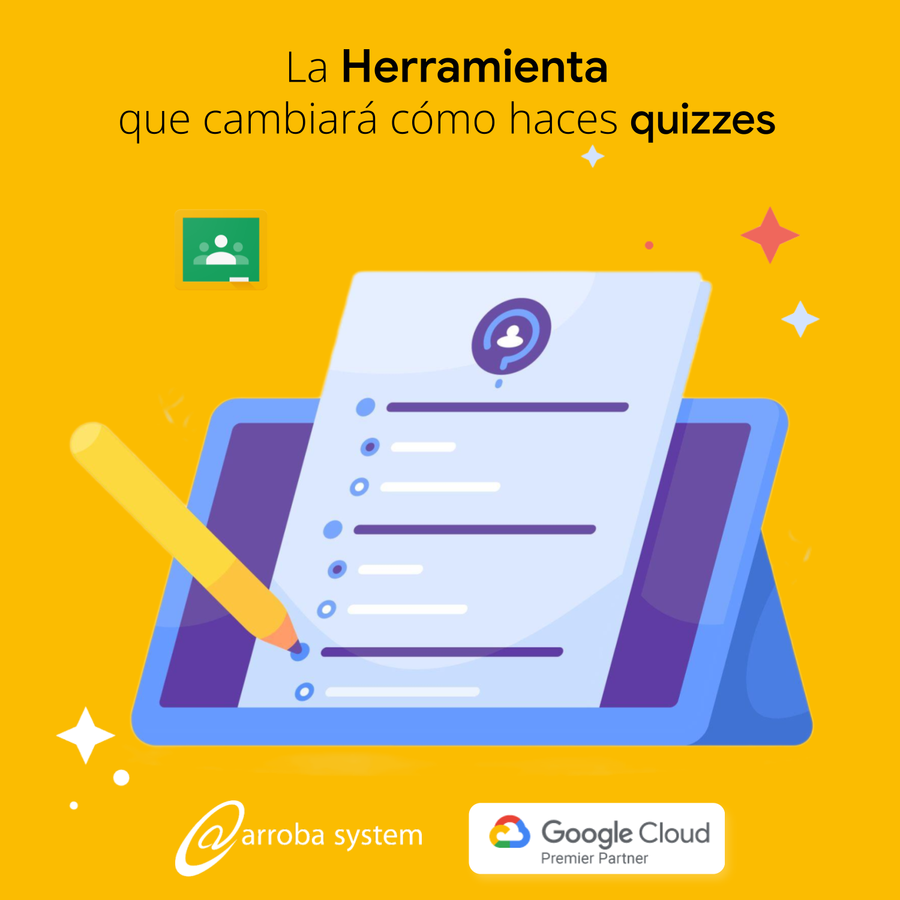 Ilustración de una hoja de respuestas sobre una tablet con lápiz digital, fondo amarillo y elementos gráficos de Google Classroom.