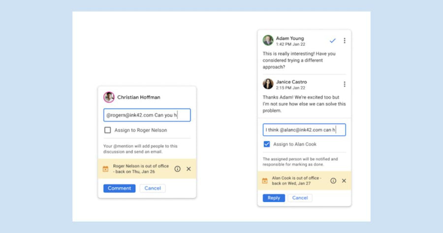 Fuera de la oficina ahora se mostrará al responder o mencionar a un usuario en un comentario de Documentos de Google