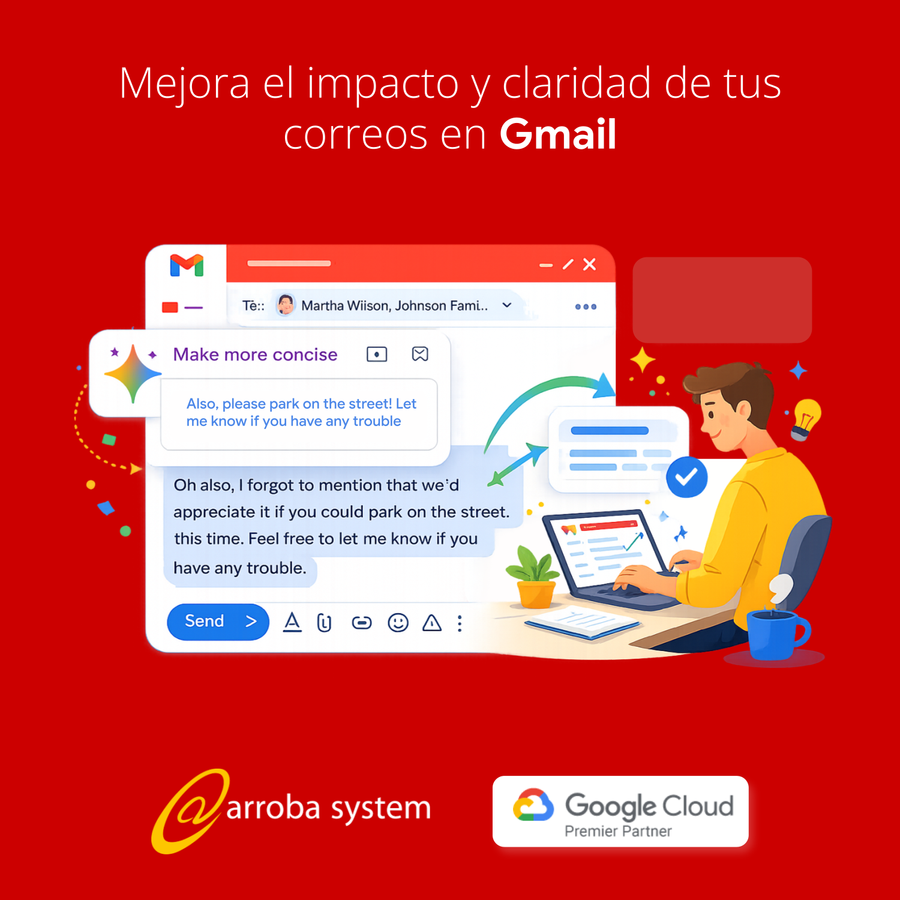 Usuario redacta correo en portátil mientras herramienta sugiere texto más claro y conciso en interfaz de email moderna y colorida