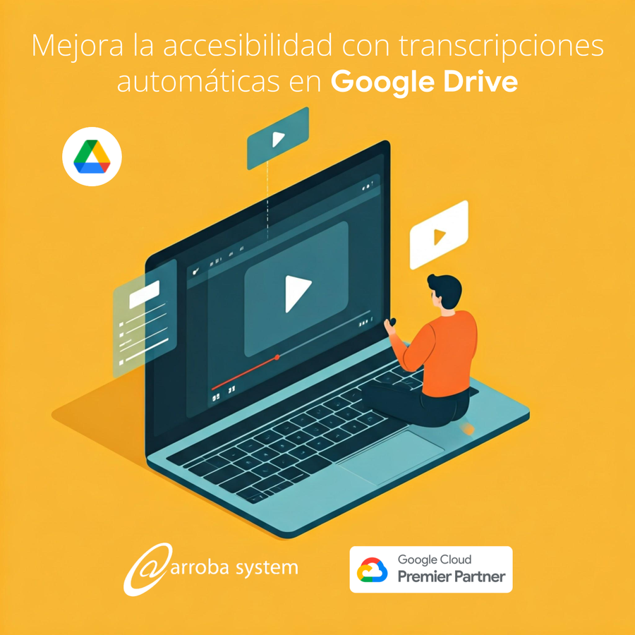 Ilustración de persona viendo video en portátil con íconos flotantes sobre transcripciones en fondo amarillo vibrante.