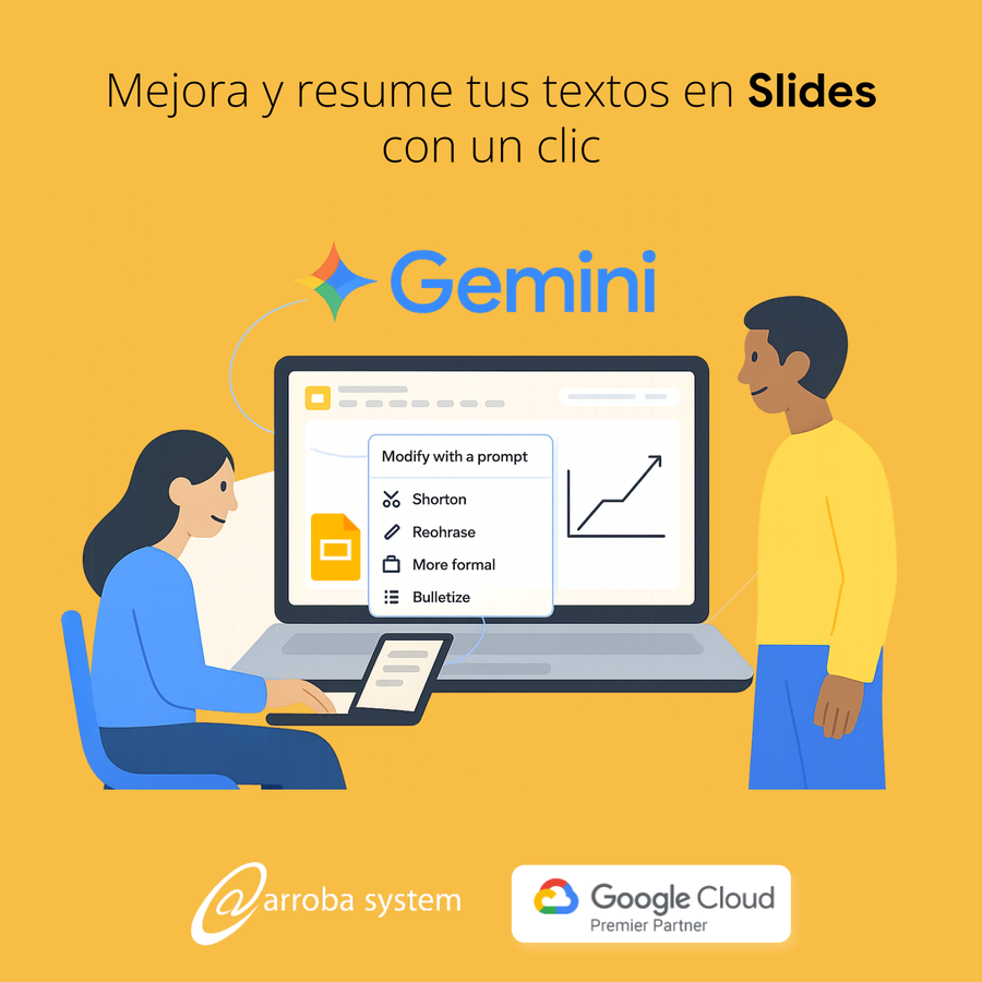 Dos personas editando presentación en Google Slides desde un portátil con opciones de mejora de texto asistidas por Gemini.