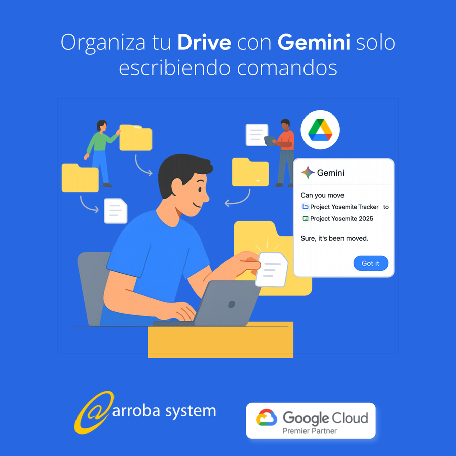 Hombre organizando carpetas en Google Drive desde su portátil con comandos de texto mediante Gemini.