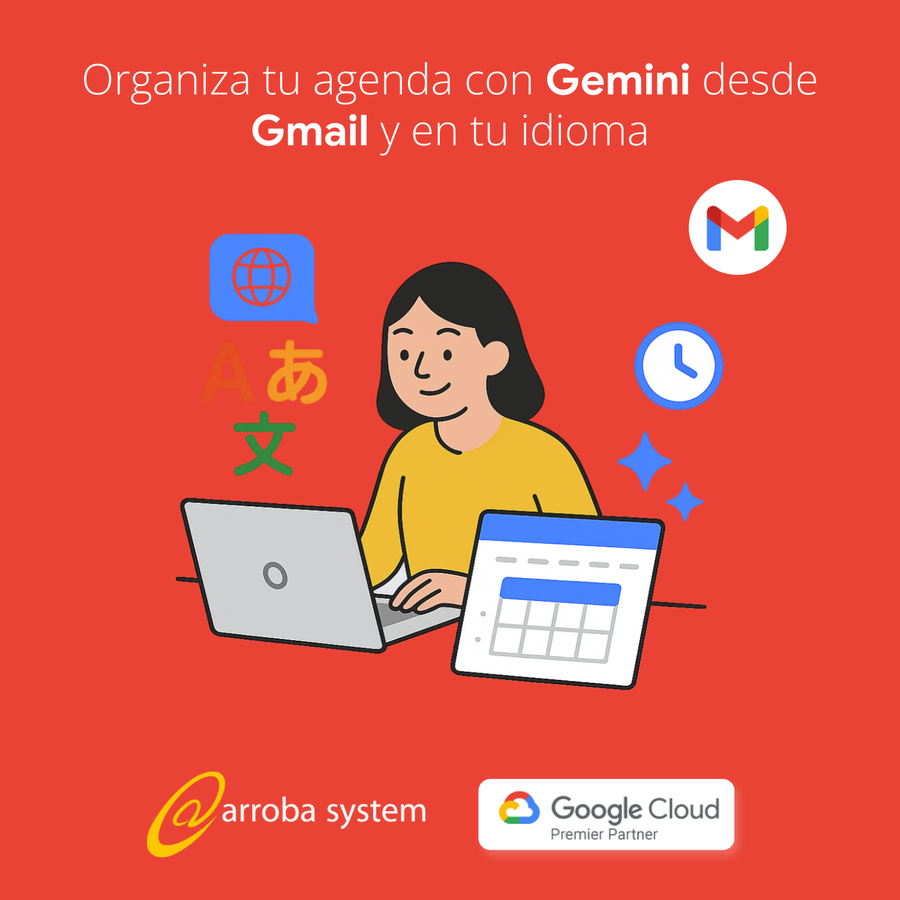 Ilustración de mujer organizando su calendario desde laptop con íconos de Gmail, idiomas y reloj sobre fondo rojo.
