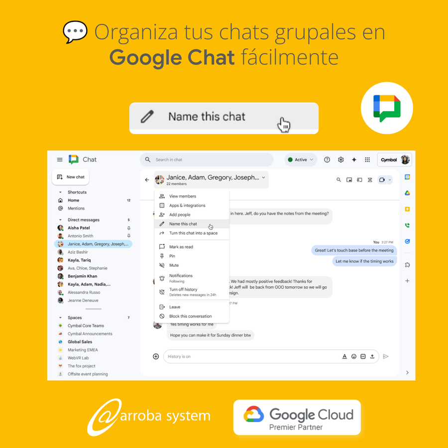 Interfaz de Google Chat con opción para nombrar chats grupales, resaltando herramientas de organización y colaboración en equipos.