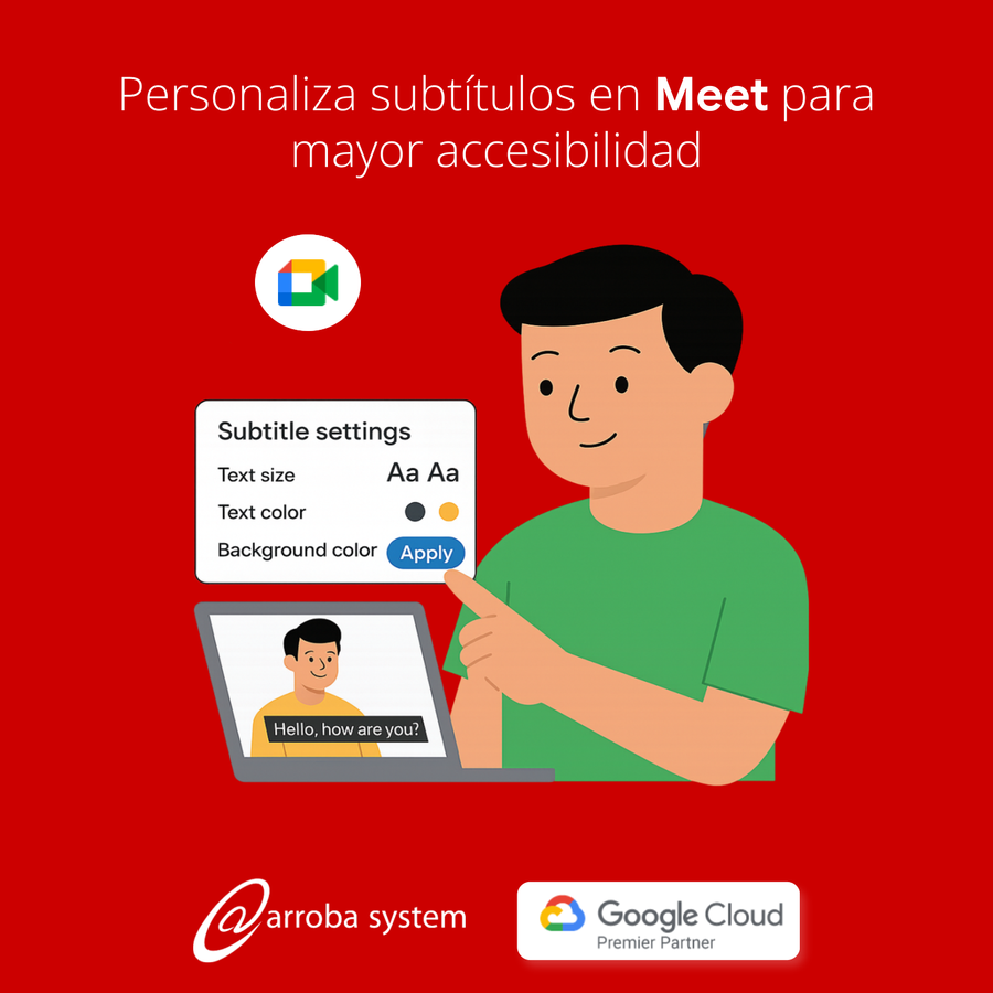 Ilustración de persona ajustando subtítulos en Google Meet desde un menú de configuración sobre fondo rojo.