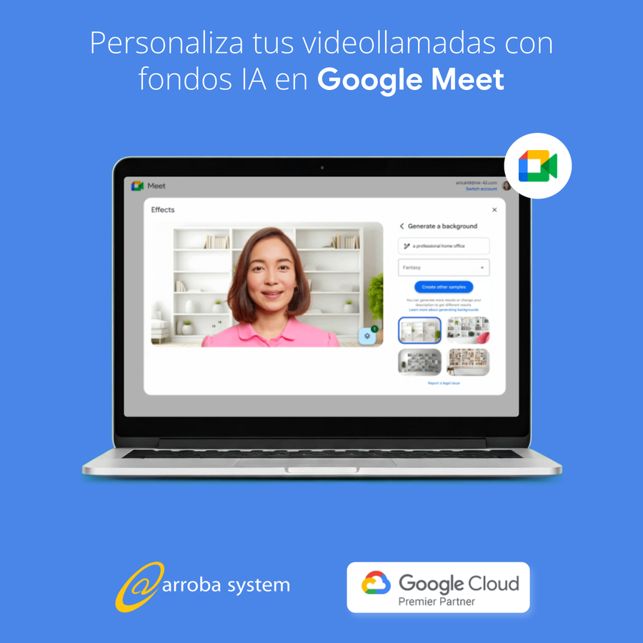 Pantalla de laptop mostrando videollamada en Google Meet con mujer activando fondos generados por IA en entorno profesional.
