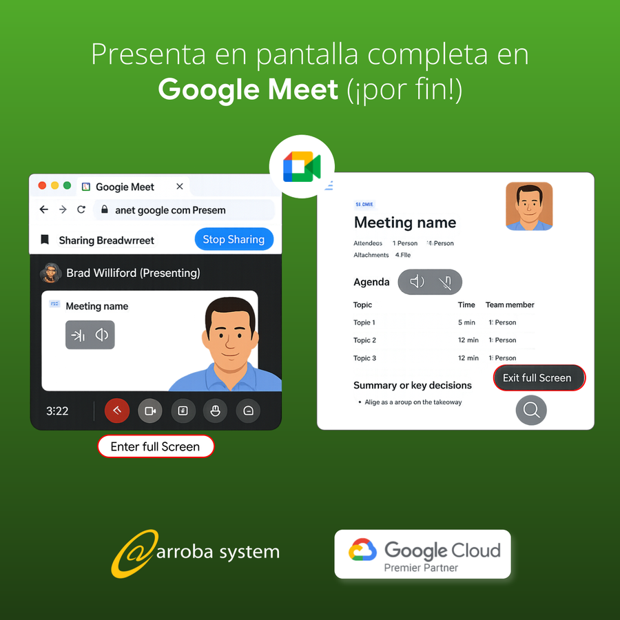 Vista de presentación en Google Meet con opción de pantalla completa activa durante una reunión virtual con agenda.