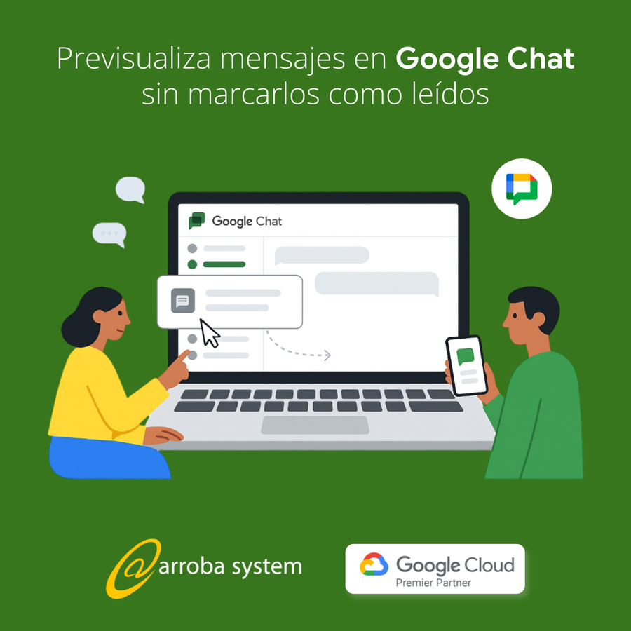Ilustración de dos personas usando Google Chat en portátil y móvil sobre fondo verde corporativo.