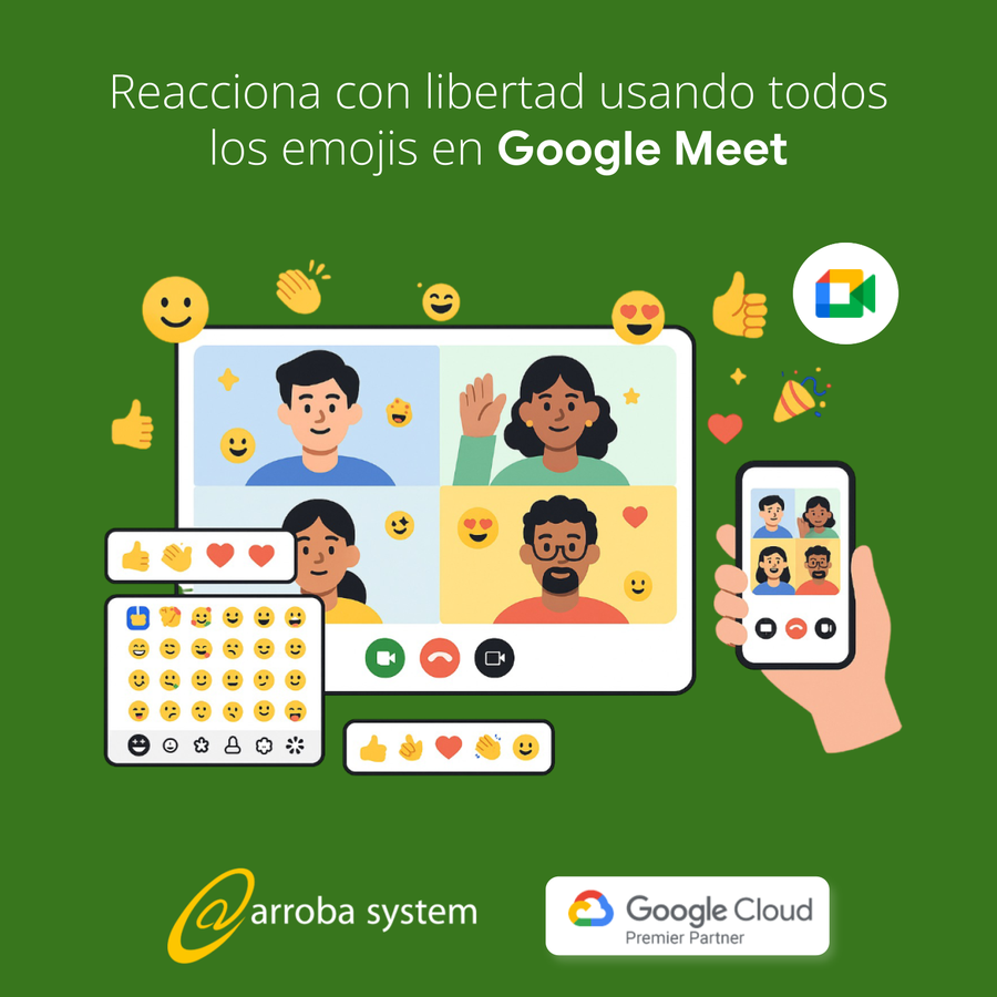 Personas en videollamada desde computadora y móvil usando emojis de reacción como corazones, aplausos y caritas felices en Google Meet.