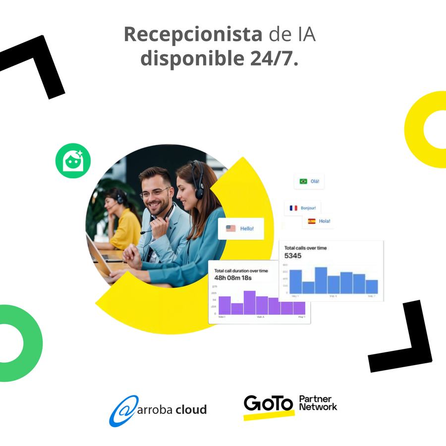 Agentes con auriculares atendiendo llamadas en oficina, rodeados de gráficos y saludos multilingües sobre fondo blanco con elementos de color.