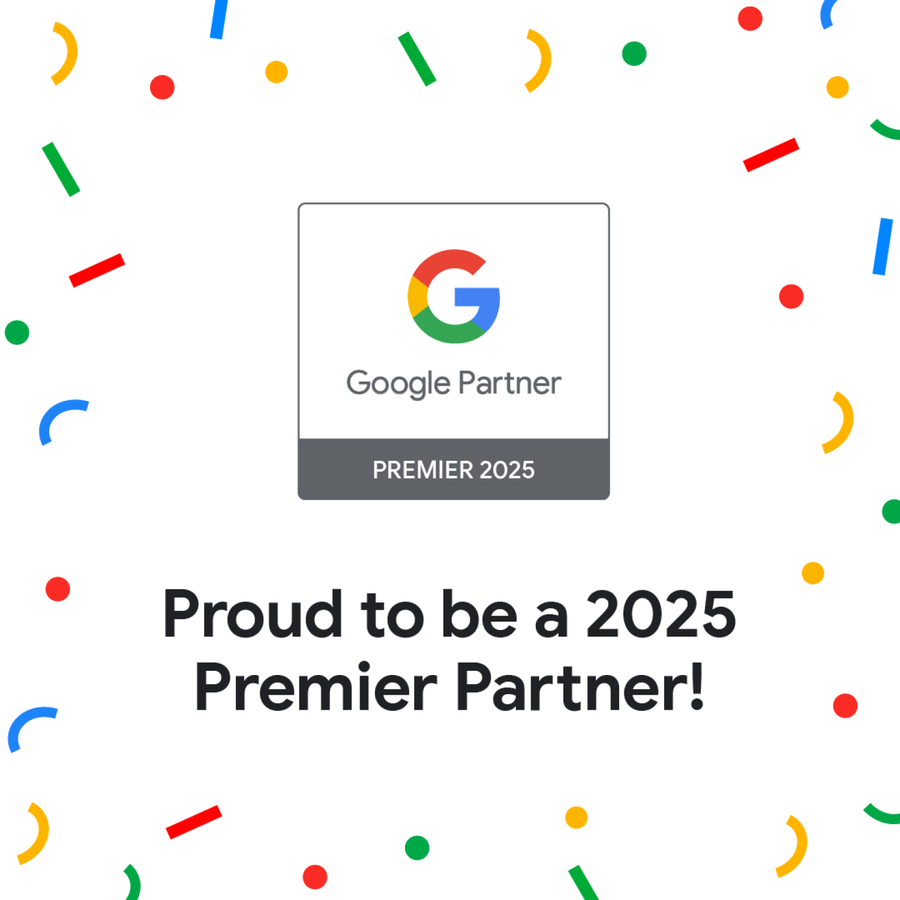 Distintivo de Google Partner Premier 2025 en fondo blanco con confeti colorido y mensaje de celebración destacado.