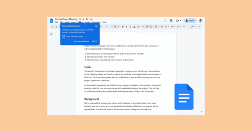 Interfaz de Google Docs mostrando un icono de escudo con restricciones de seguridad aplicadas