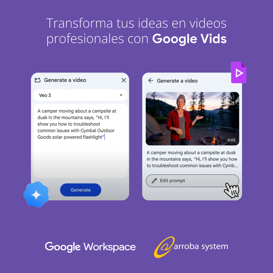 Interfaz de Google Vids mostrando cómo un texto se convierte en video con escenas de camping en la montaña.