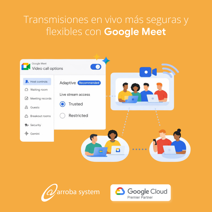 Ilustración de configuración de transmisión en vivo con controles de acceso y participantes conectados en videollamada.