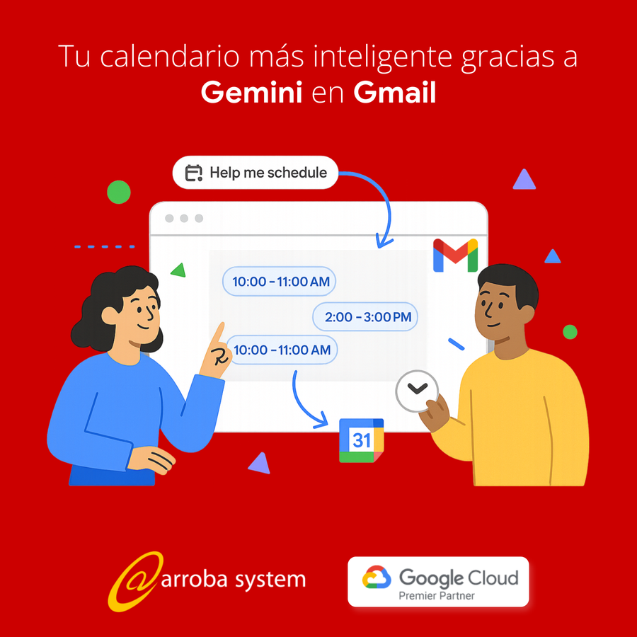 Dos personas organizando reuniones en Gmail con ayuda de Gemini, mostrando horarios sugeridos conectados a Google Calendar.