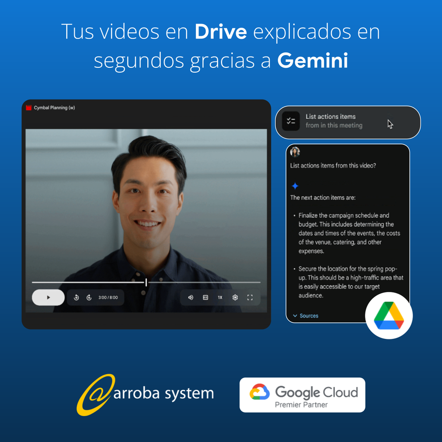 Pantalla con video de persona hablando y resumen de acciones al lado, mostrando cómo Gemini analiza videos en Google Drive.