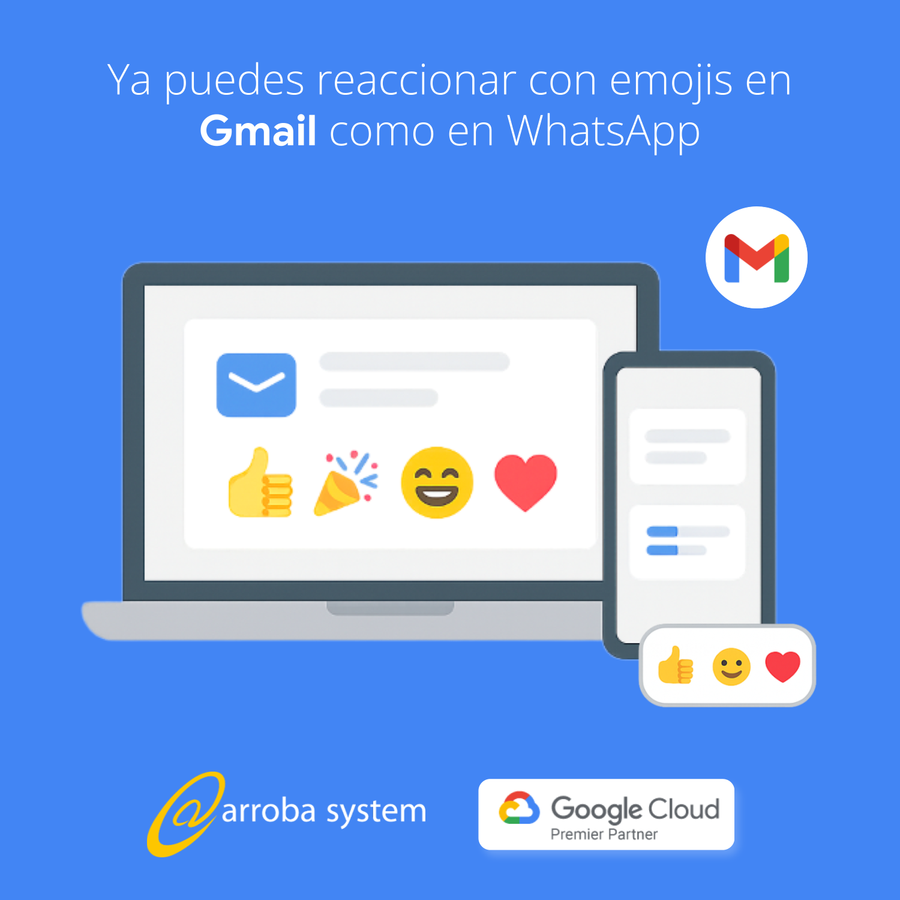Interfaz de Gmail en laptop y móvil mostrando reacciones con emojis como pulgar arriba, fiesta, sonrisa y corazón.