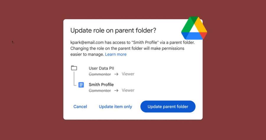 Interfaz de Google Drive mostrando opciones para restringir el acceso a carpetas y archivos en una unidad compartida.