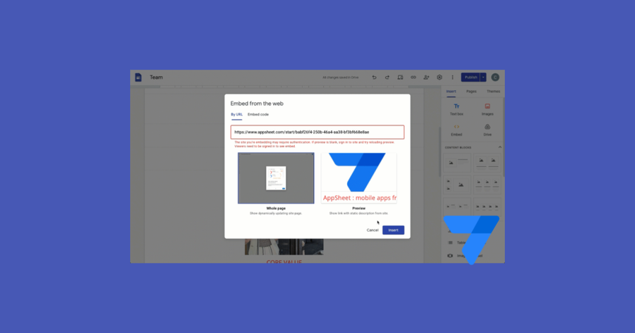 Pantalla de Sites insertando un Appsheet