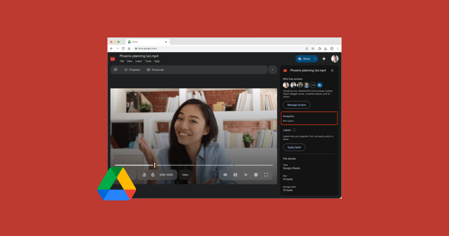 Panel de detalles en Google Drive mostrando el contador de aperturas de un video compartido.