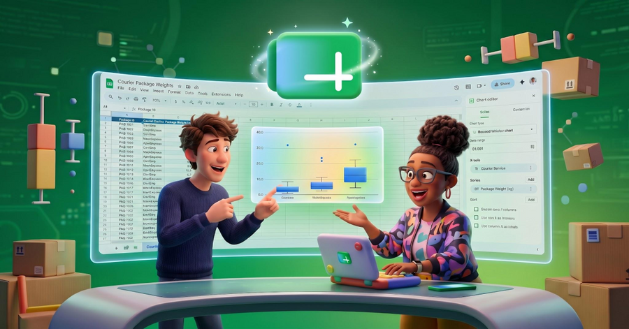 Dos profesionales analizan gráficos de datos en una hoja de cálculo digital rodeados de paquetes de envío.