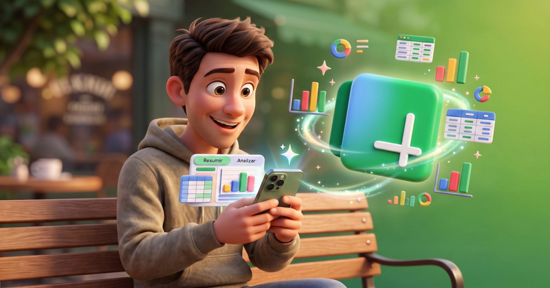 Joven sonriente utiliza su móvil sentado en un banco mientras aparecen hojas de cálculo, gráficos de colores y herramientas de análisis.