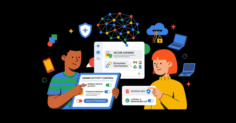 Dos personas gestionando privacidad en dispositivos digitales con controles de actividad, seguridad de datos y conexiones en la nube colorida