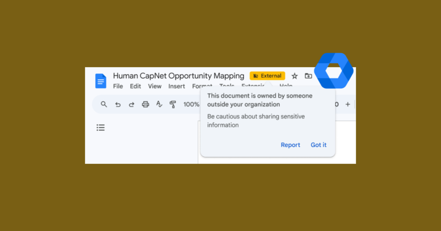 Etiqueta amarilla con la palabra “Externo” visible junto al título en un documento de Google Docs.