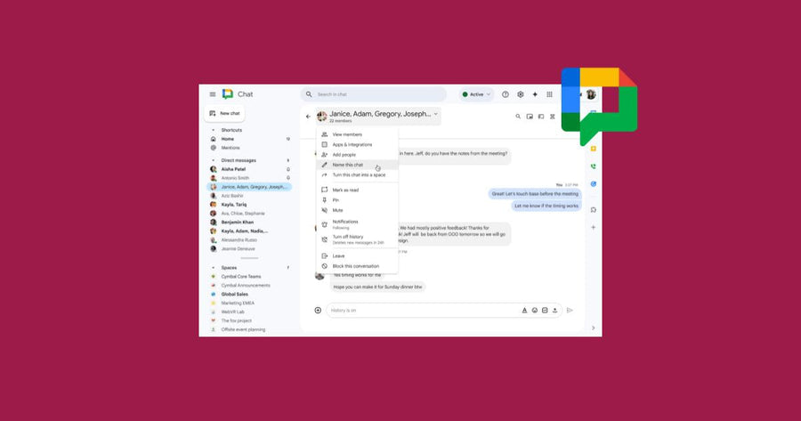 nterfaz de Google Chat mostrando un chat grupal con un nombre personalizado.