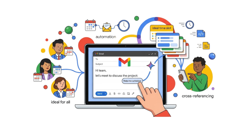 Pantalla de portátil con correo abierto coordina reunión mostrando calendario, contactos conectados y automatización en entorno digital colaborativo