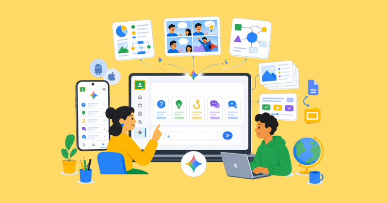 Dos personas creando recursos educativos con inteligencia artificial desde ordenador y móvil, rodeadas de gráficos y documentos digitales.