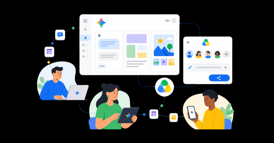 Tres personas colaboran desde distintos dispositivos compartiendo conversaciones, documentos y contenido en una plataforma conectada.