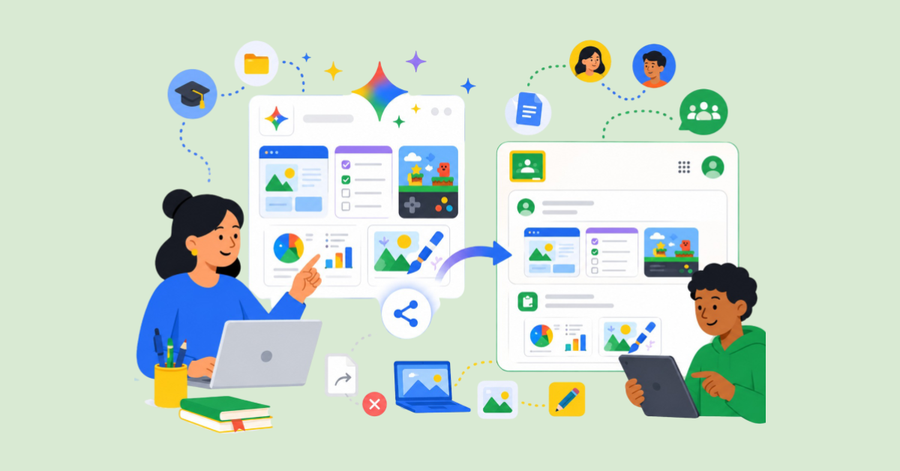 Persona compartiendo proyectos educativos creados con inteligencia artificial en Google Classroom desde portátil y tableta.
