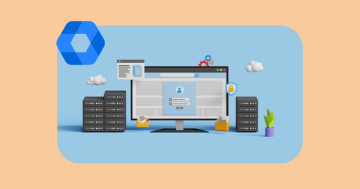 Una computadora animada y el logo de Admin de Google