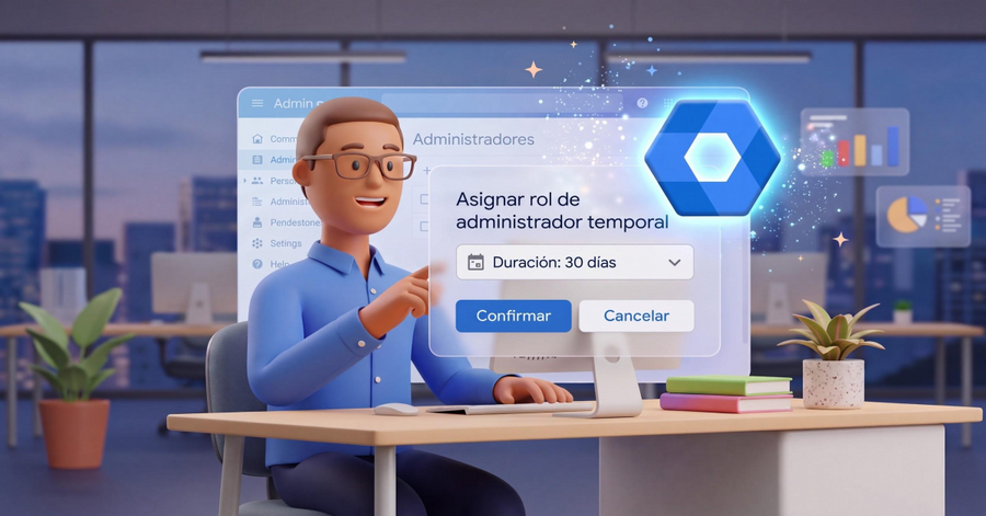 Administrador asignando un rol temporal de 30 días desde un panel digital en su escritorio de oficina.