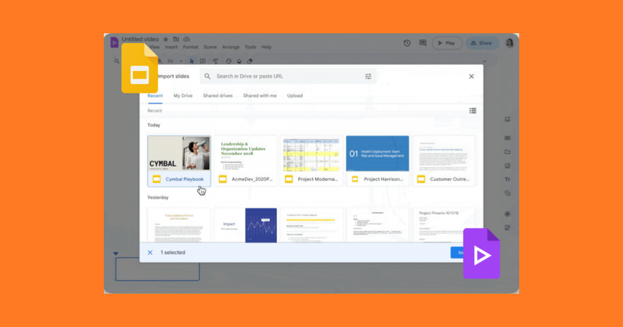 Interfaz de Google Vids mostrando una presentación importada desde Google Slides lista para editar como video profesional.