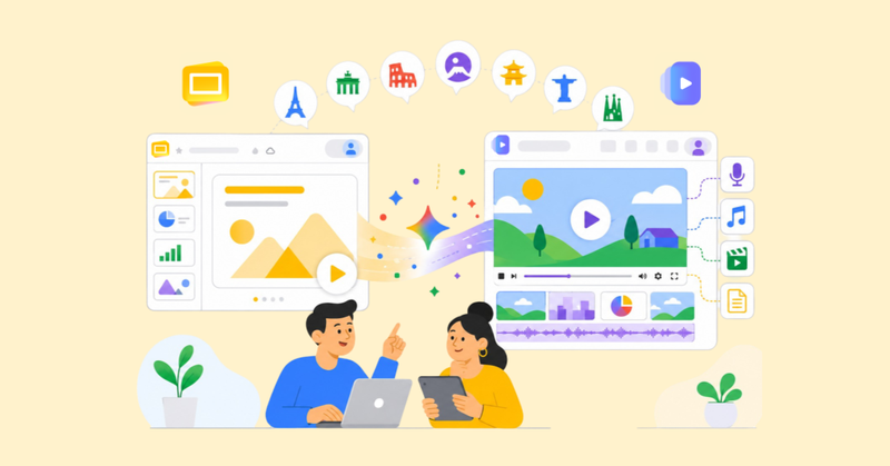 Dos personas creando un vídeo con IA a partir de una presentación, integrando imágenes, audio y contenido multimedia.