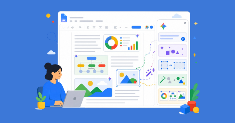 Mujer editando un documento con gráficos, diagramas e ilustraciones mediante herramientas de inteligencia artificial.