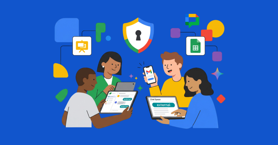 Equipo diverso colaborando con tabletas y móviles, compartiendo datos en entorno digital con escudo de seguridad central.