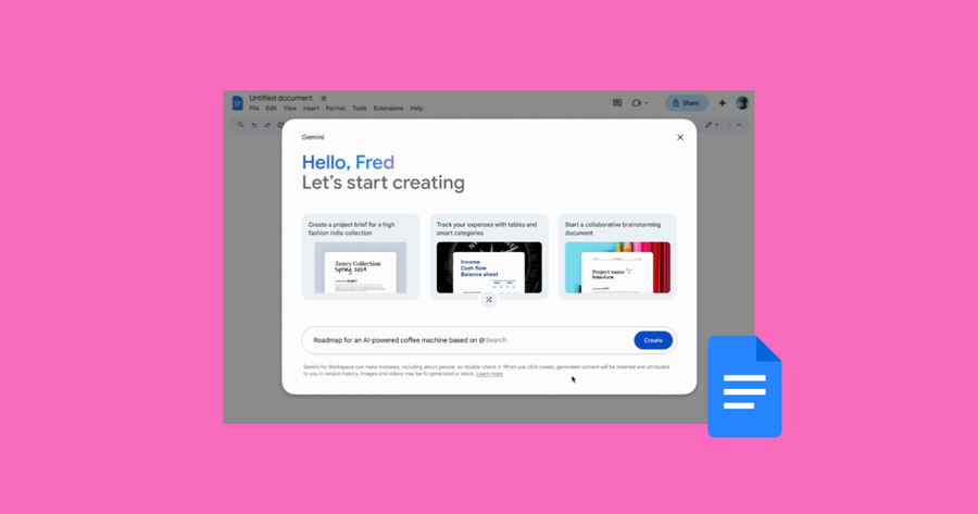 la interfaz de Docs y a “Help Me Create”,  un documento en proceso con plantillas y sugerencias automatizadas.