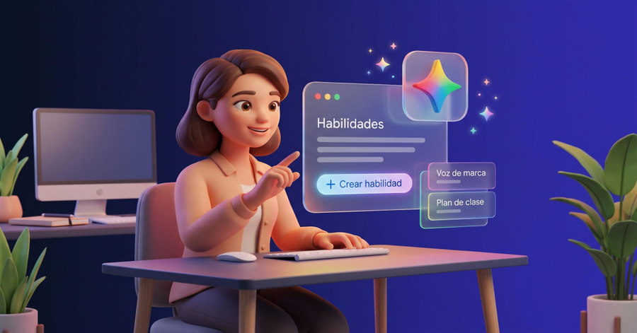 Mujer animada creando habilidades de inteligencia artificial desde un panel digital con opciones de voz y clases