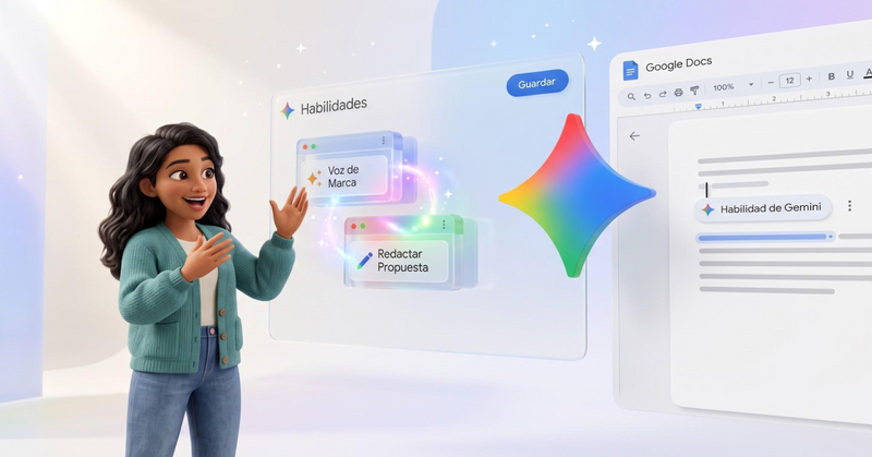 Mujer animada creando habilidades de inteligencia artificial desde un panel digital con opciones de voz y clases