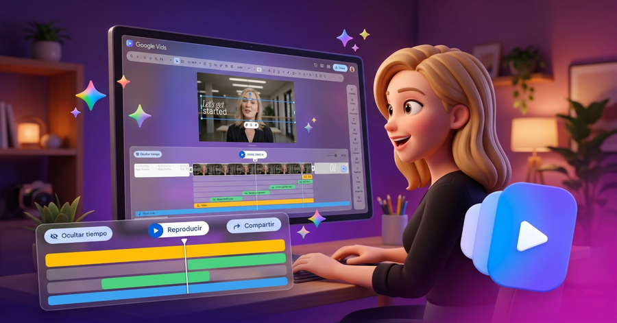 Ilustración 3D de una mujer editando un video en su ordenador, con una línea de tiempo multimedia y herramientas de reproducción.