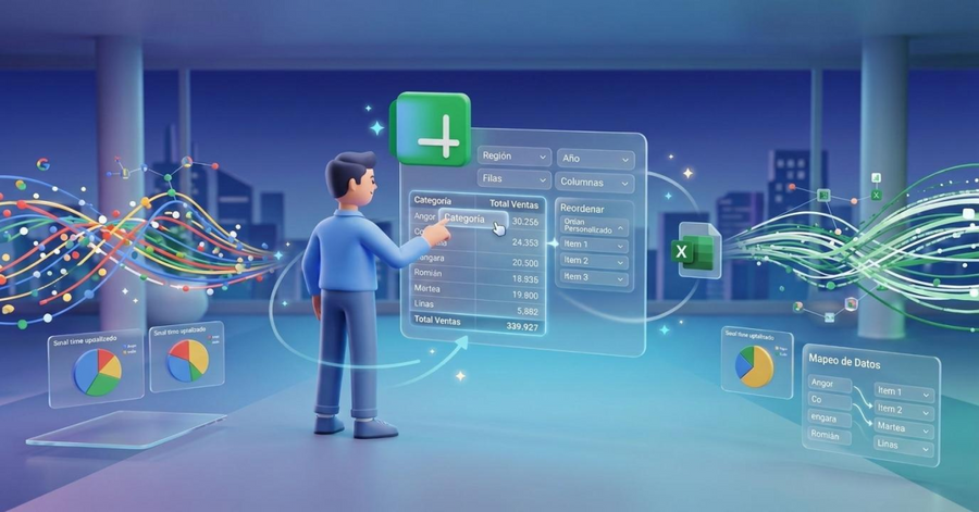 Persona organizando una tabla de datos digital con filtros, gráficos y conexiones visuales en un entorno tecnológico.